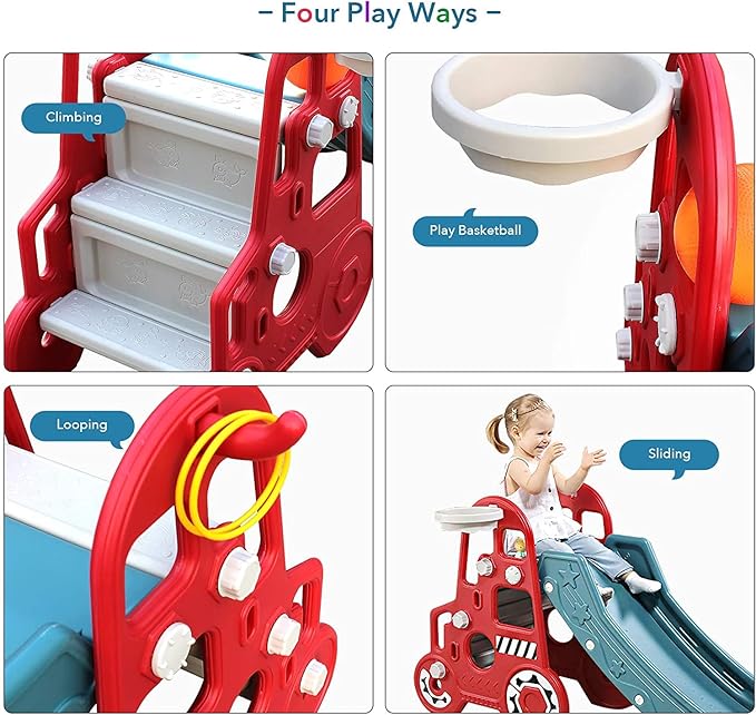 Ealing Baby 3-in-1 Toddler Climbing Slide with Basketball Hoop Red and Blue