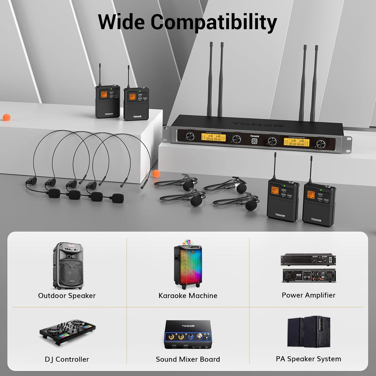 TONOR UHF Wireless Microphones System with Bodypack Transmitter, Headset/Lavalier Lapel Mics, Receiver, 4 * 10 Channels, 295ft Range for Karaoke, Singing, Church, Party, PA Speaker Mixer Recording
