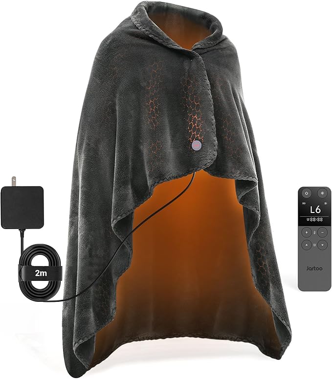 Jartoo Nano Heated Blanket Electric Throw, Portable Washable Heated Shawl Wraps - 24V Safe & Eco, 30s Far Infrared Heating, Cordless Remote with 6 Heating Levels & 5 Time Settings (50"x60", Grey)