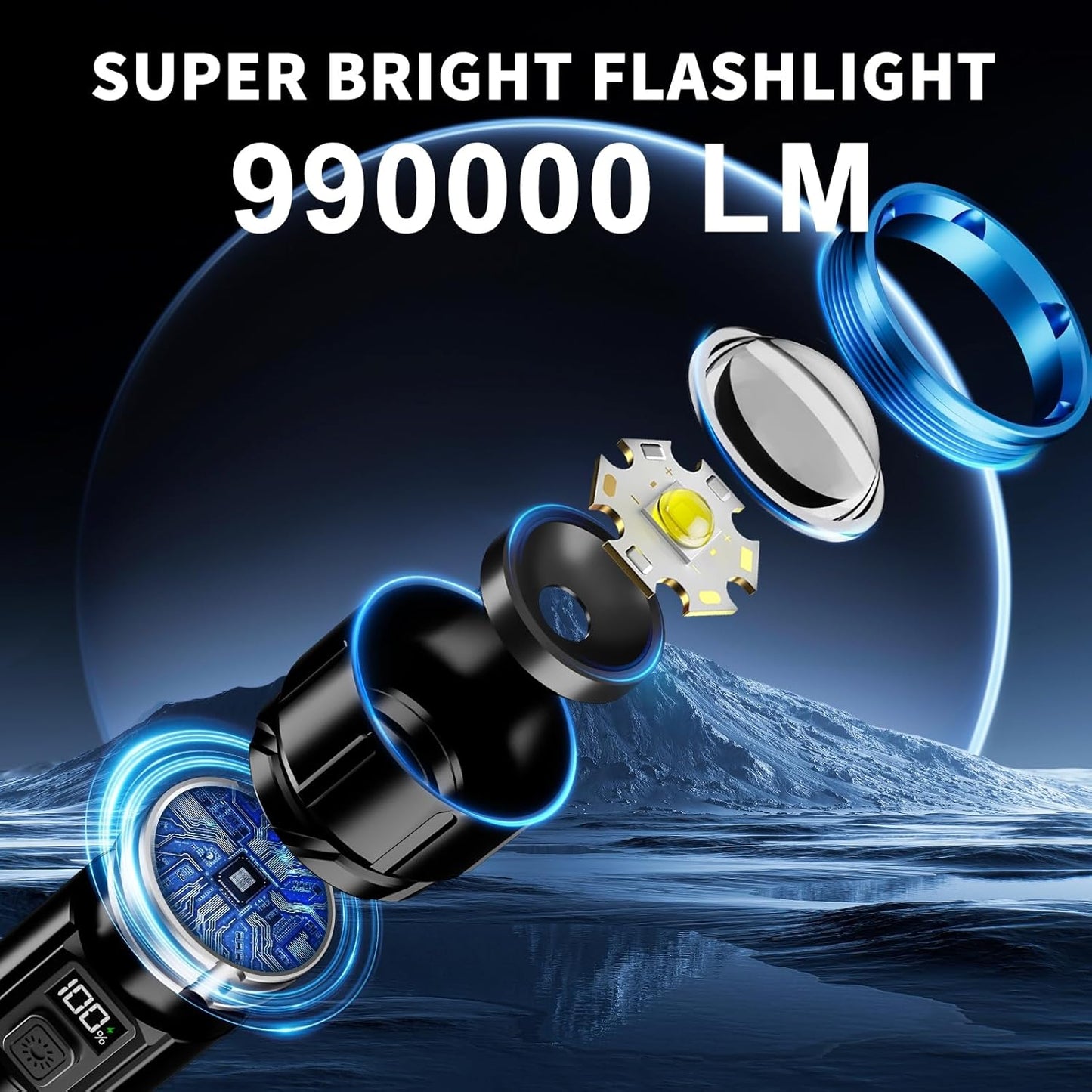 Flashlight Rechargeable 990000 High Lumens, 2 Pack Super Bright Flash Light, 6 Modes Zoomable Lampe with LCD Digital Display, Brightest LED Flashlights, Powerful Tactical Flashlight for Camping