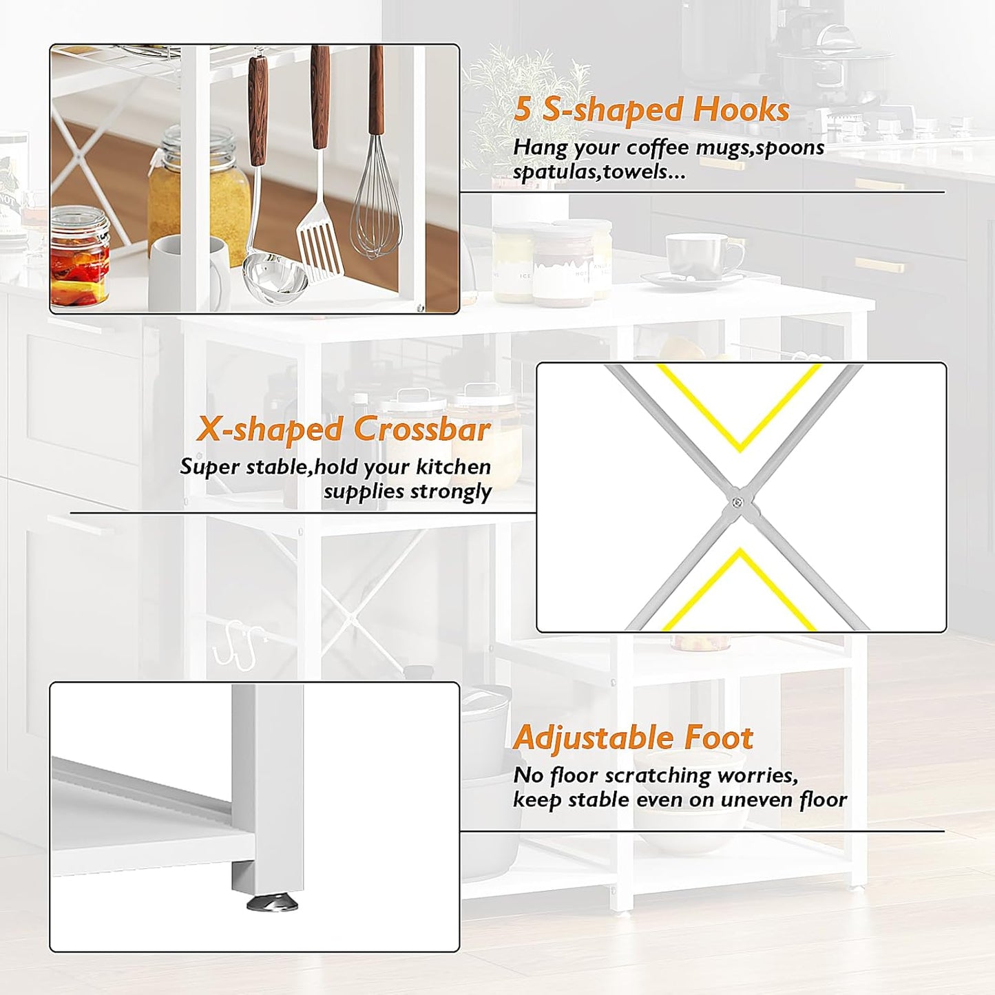 SDHYL Kitchen Storage Islands 3 Tier, 35 inch Bakers Rack Microwave Stand with 5 Storage Shelves Hanging Hooks, Kitchen Shelves Organizers Bakers Racks with Movable Basket, White