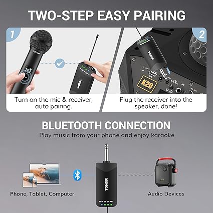 TONOR TW720 Rechargeable Karaoke Microphones, Metal Professional Dynamic Microphone System with Receiver, UHF Dual Channel Handheld Cordless Microphone for Wedding, Karaoke, Church, Singing, DJ, Black