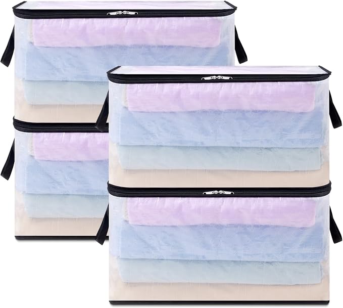 4 Pack Plastic Clothes Storage Bags, 60L Foldable Storage Containers Closet Organizers and Storage Moving Bags with Sturdy Zipper Lids Reinforced Handle for Bedding, Blanket, Comforter