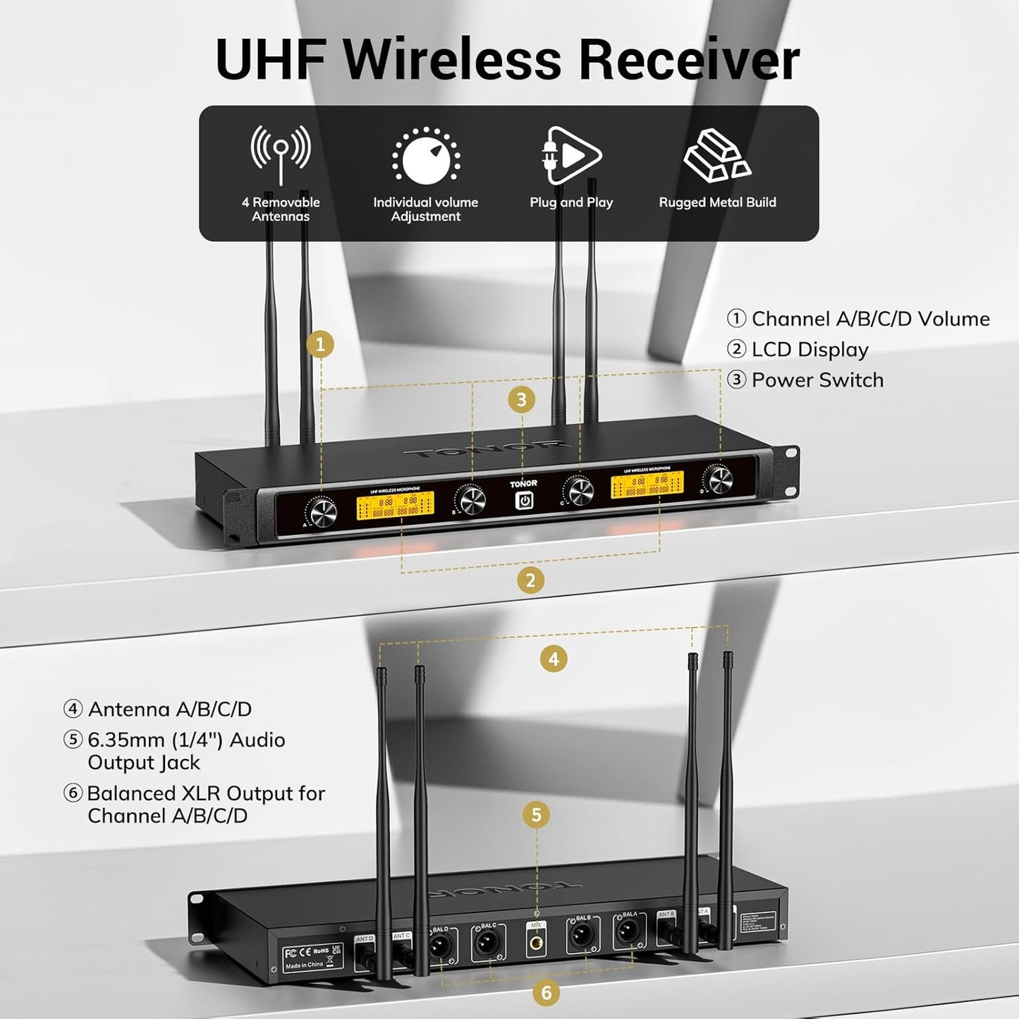 TONOR TW840 Wireless Microphones System, 4 Dynamic Handheld Mics with Receiver