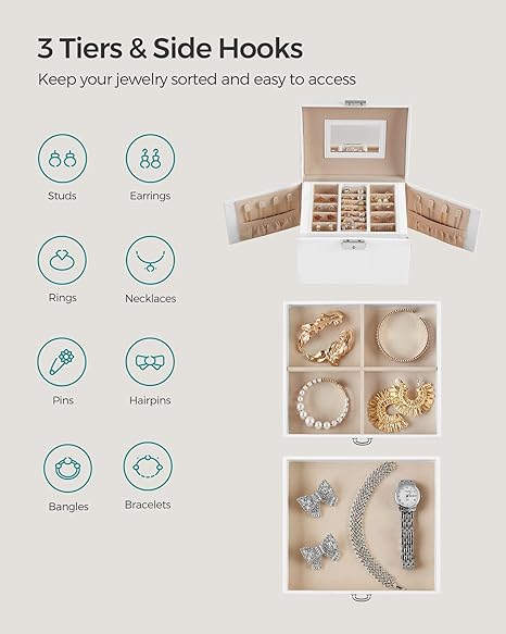 SONGMICS 3-Tier Jewelry Box, Lockable Jewelry Organizer, 2 Drawers, Travel Jewelry Case, White UJBC154W01