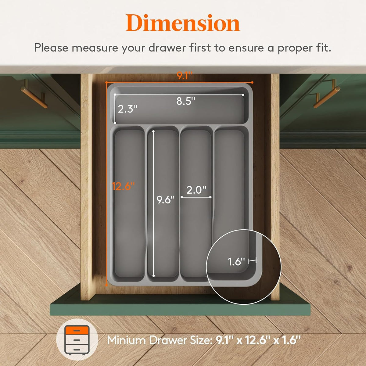 Small Cutlery Organizer for Kitchen, Expandable Cutlery Rack, Silverware Drawer Organizer and Utensil Holder Divider for Spoons Forks Knives Tableware, 5 Compartment, Gray