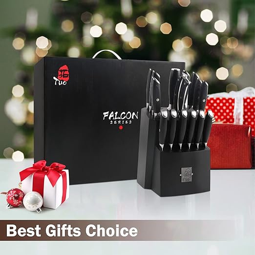 TUO Knife Block Set 17 PCS Kitchen Knife Set with Wooden Block, Honing Steel and Shears German X50CrMoV15 Steel with Full Tang Pakkawood Handle FALCON SERIES with Gift Box, Black