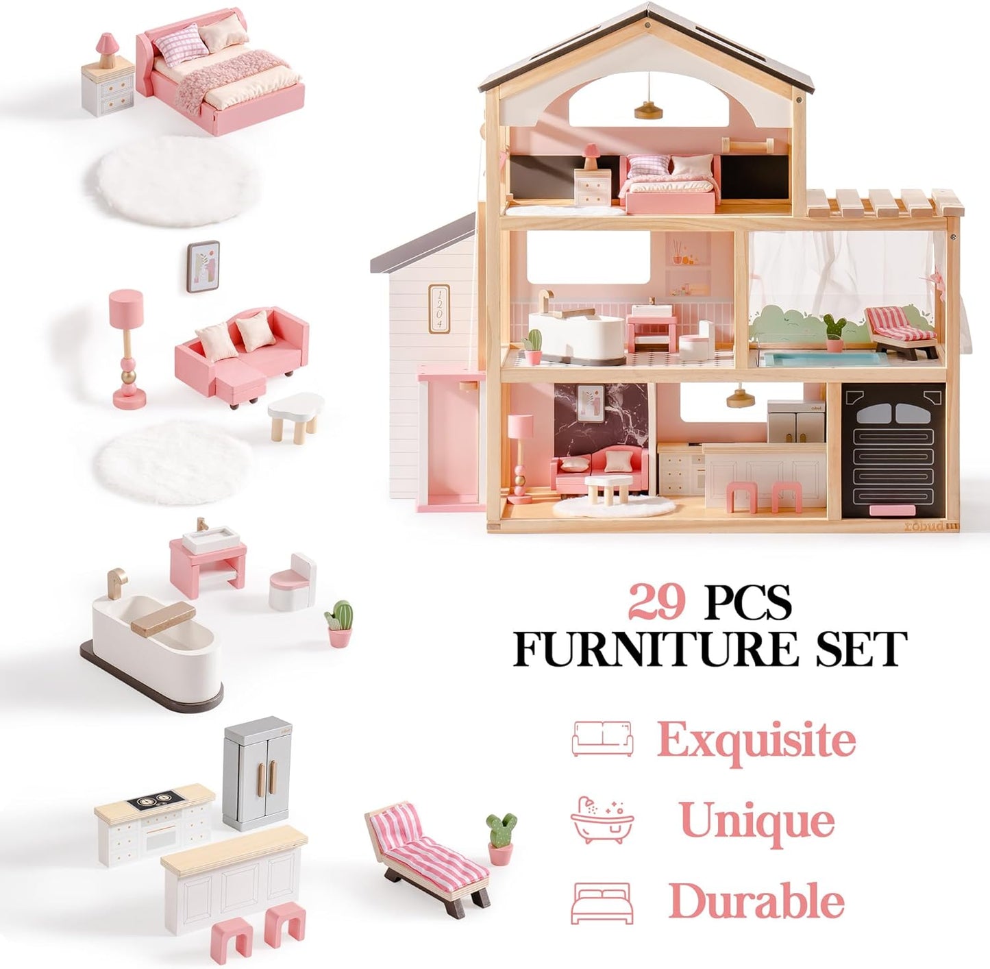 ROBUD Wooden Dollhouse, 6 Rooms Wooden Doll House with 29Pcs Furniture Set, Working Elevator, Garage, Swimming Pool, Ideal Gift for Kids Ages 3+ (Black)