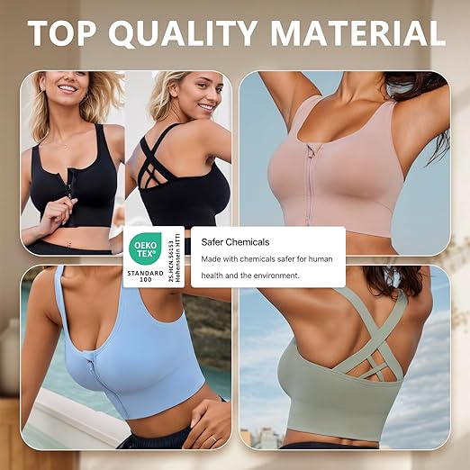 newnice Zip Front Push Up Sports Bras Women's Post-Surgery Bra for Gym Yoga Mastectomy - Wide Straps Wireless Medium Support