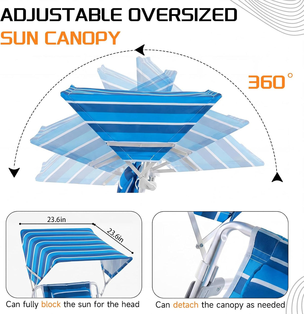 Backpack Beach Chair with Sun Canopy for Adults, Reclining Lounge Chair Tanning Chair with Face Hole and Cup Holder, 5-Position Foldable Camping Chair for Beach, Pool, Patio, Camping, Blue&White