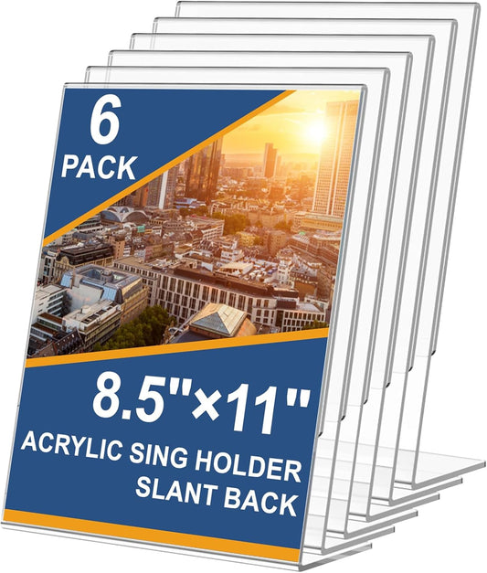 6 Pack Acrylic Sign Holder 8.5 x 11, Clear Plastic Display Stands for Tabletop, L-Shape Acrylic Stands for Flyers, Documents, Office, Restaurants, Vertical Sign Holder 8 x 11 for Desktop