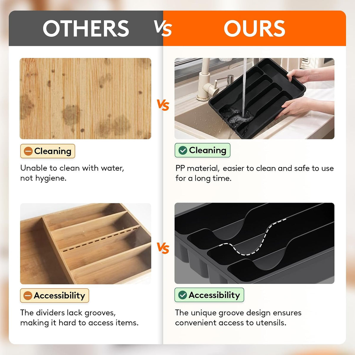 Silverware Drawer Organizer Tray, Plastic Cutlery Organizer for Kitchen Drawer, Flatware and Utensil Holder Divider for Spoons Forks Knives Tableware, 5 Compartment, Black