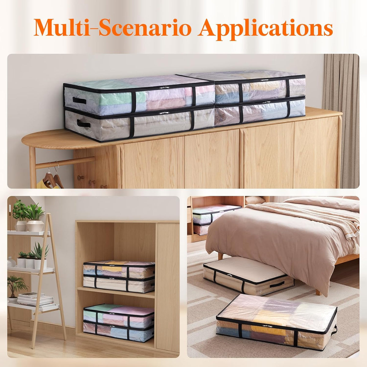 4 Pack Under Bed Storage, Large Clear Plastic Storage Bags, Clothes Storage Boxes Wardrobe Storage Organizer with Reinforced Handle Durable PP Fabric for Bedding Clothes Blanket, 60L