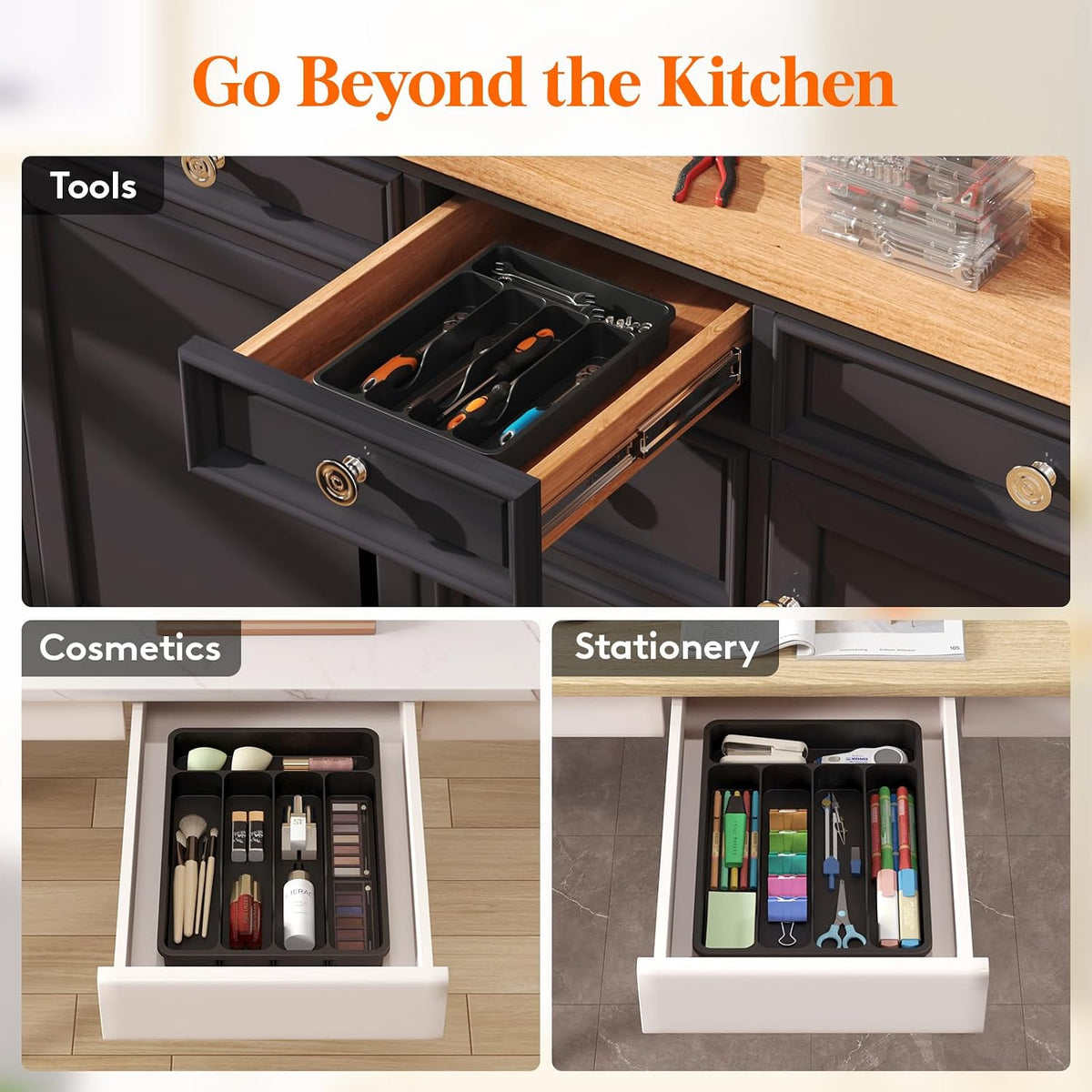 Silverware Drawer Organizer Tray, Plastic Cutlery Organizer for Kitchen Drawer, Flatware and Utensil Holder Divider for Spoons Forks Knives Tableware, 5 Compartment, Black