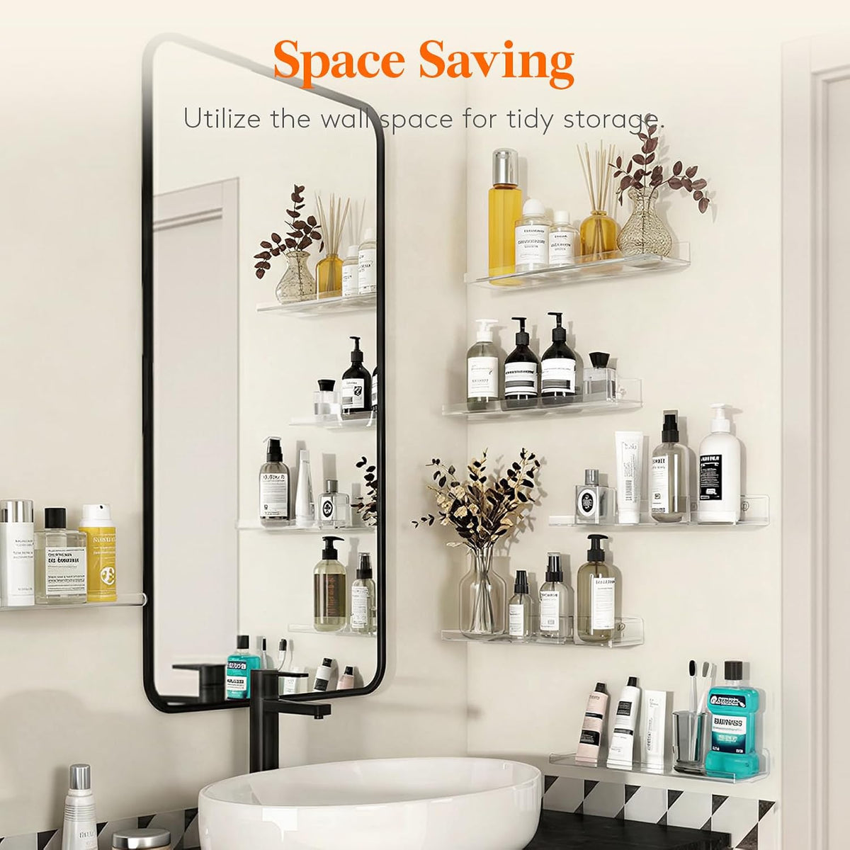 Floating Shelves Wall Mounted, 14" Clear Acrylic Organizer, 4 Pack