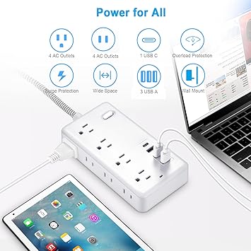 Extension Cord 10FT, Surge Protector Power Strip with 8 Widely Outlets 4 USB Ports, Flat Plug, Wall Mount Outlet Extender, Multiple Outlets for Indoor Home Office, Dorm Room Essentials