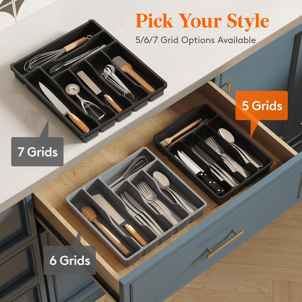 Silverware Drawer Organizer Tray, Plastic Cutlery Organizer for Kitchen Drawer, Flatware and Utensil Holder Divider for Spoons Forks Knives Tableware, 5 Compartment, Black