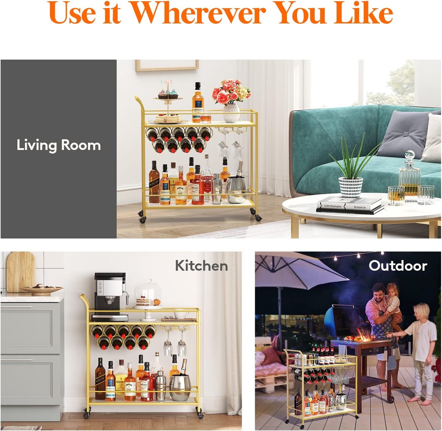 Lifewit Bar Cart Gold, Bar Carts for The Home with 2-Tier Shelf, Home Bar Serving Cart with 9 Wine Bottle Racks, Drink Cart for Kitchen, Dining, Living Room, Gold