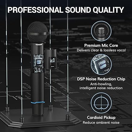 TONOR TW720 Rechargeable Karaoke Microphones, Metal Professional Dynamic Microphone System with Receiver, UHF Dual Channel Handheld Cordless Microphone for Wedding, Karaoke, Church, Singing, DJ, Black