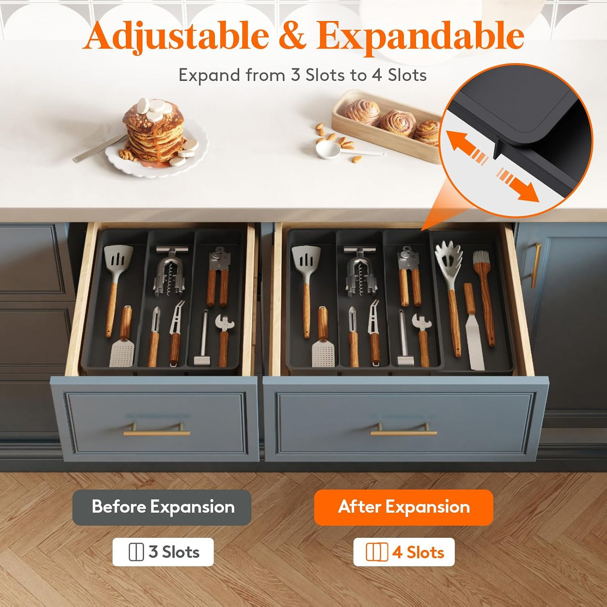 Utensil Drawer Organizer, Expendable Cooking Silverware Tray for Kitchen Drawer, Adjustable Cutlery Flatware Holder, Plastic Spatula Tools and Gadgets Storage Divider, 4 Compartments, Black
