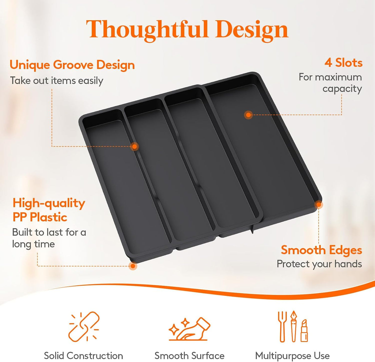 Utensil Drawer Organizer, Expendable Cooking Silverware Tray for Kitchen Drawer, Adjustable Cutlery Flatware Holder, Plastic Spatula Tools and Gadgets Storage Divider, 4 Compartments, Black