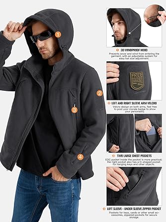 FREE SOLDIER Men's Fleece Jackets Full Zip Casual Outdoor Military Tactical Hoodie Jacket Windproof Warm Winter Coats