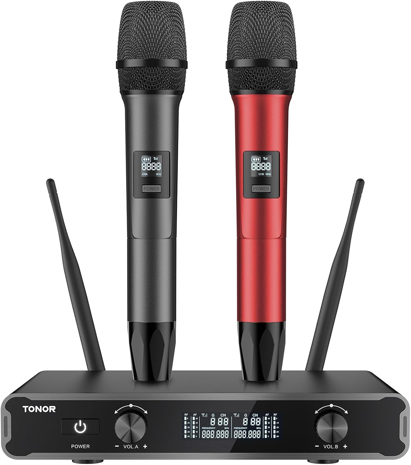 TONOR TW450 Karaoke Microphones Systems, UHF Dual Adjustable Channel Microphone Kit, Metal Handheld Dynamic Mic with Receiver for Karaoke, Church, Singing, DJ, PA, Grey&Red
