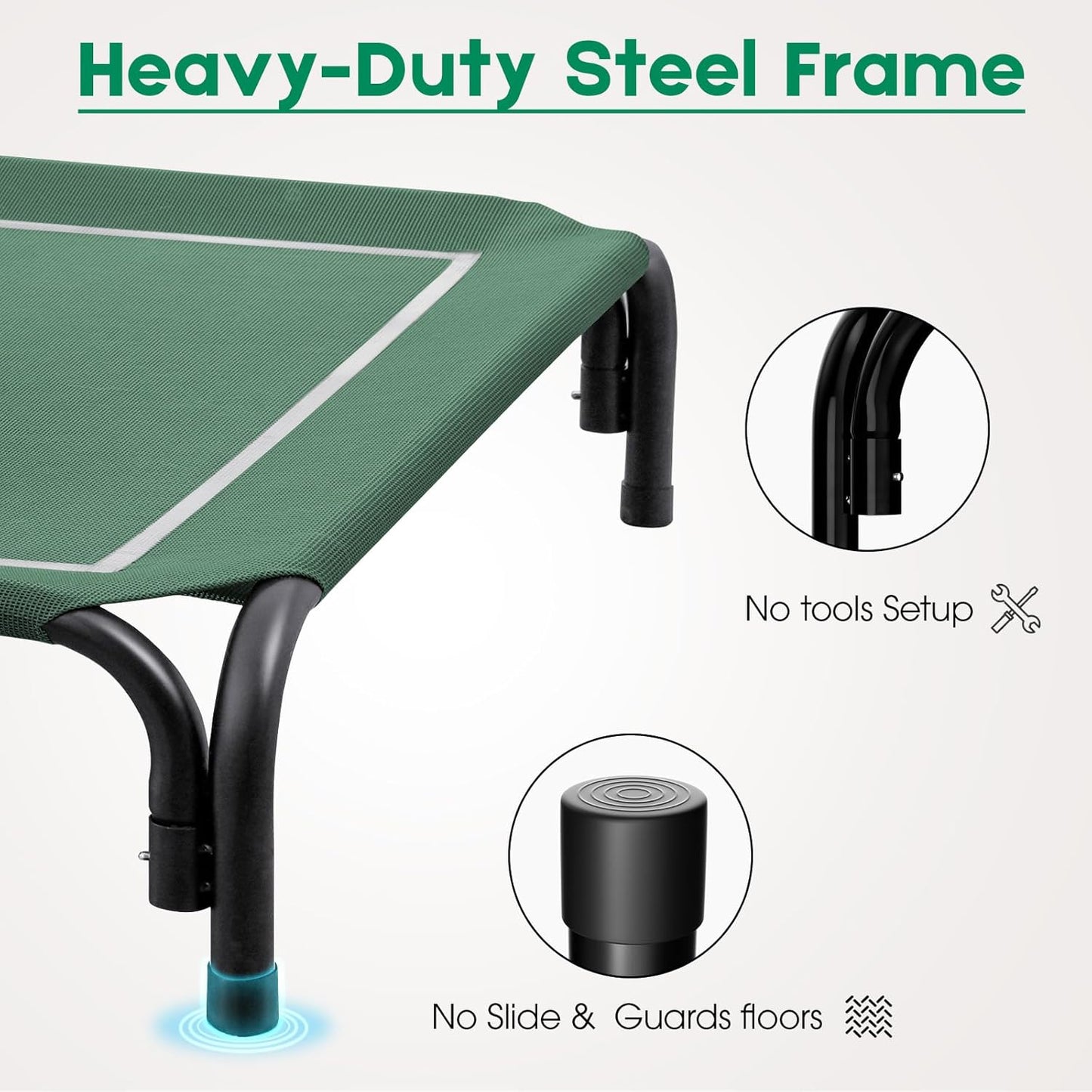 Dopedio Elevated Outdoor Dog Bed, Raised Dog Cot for Large Dogs, Metal Frame with Washable Breathable Mesh, Non-Slip Feet, Green