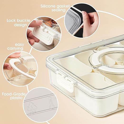 Snackle Box Container - Divided Serving Tray with Lid & Handle, Portable Snack Organizer for Candy, Fruits, Nuts, Treats - Leakproof Bento-Style Platter for Parties, Travel, Picnics