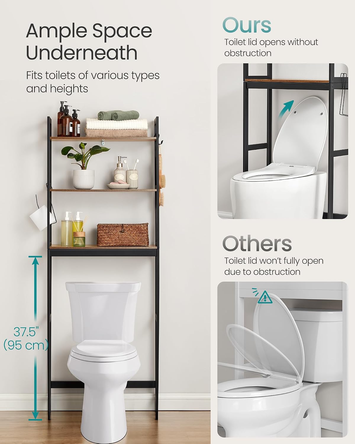 Over-The-Toilet Storage, 3-Tier Bathroom Organizer Over Toilet with Adjustable Shelves, Hooks, Bamboo, Freestanding Space Saver Bathroom Shelves, Rustic Brown and Ink Black