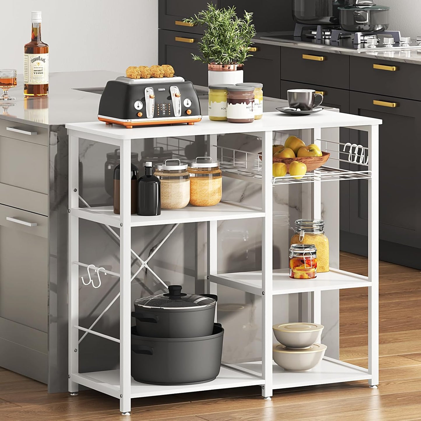 SDHYL Kitchen Storage Islands 3 Tier, 35 inch Bakers Rack Microwave Stand with 5 Storage Shelves Hanging Hooks, Kitchen Shelves Organizers Bakers Racks with Movable Basket, White