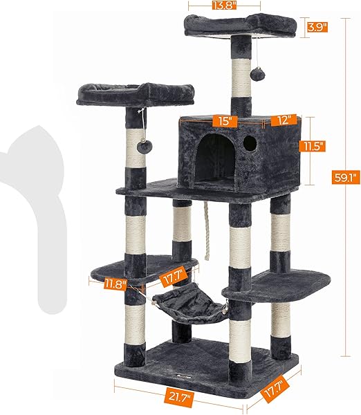 FEANDREA 59.3 Inch Cat Tree Condo with Scratching Post Kitty Tower Pet Playhouse, Smoky Gray UPCT85G