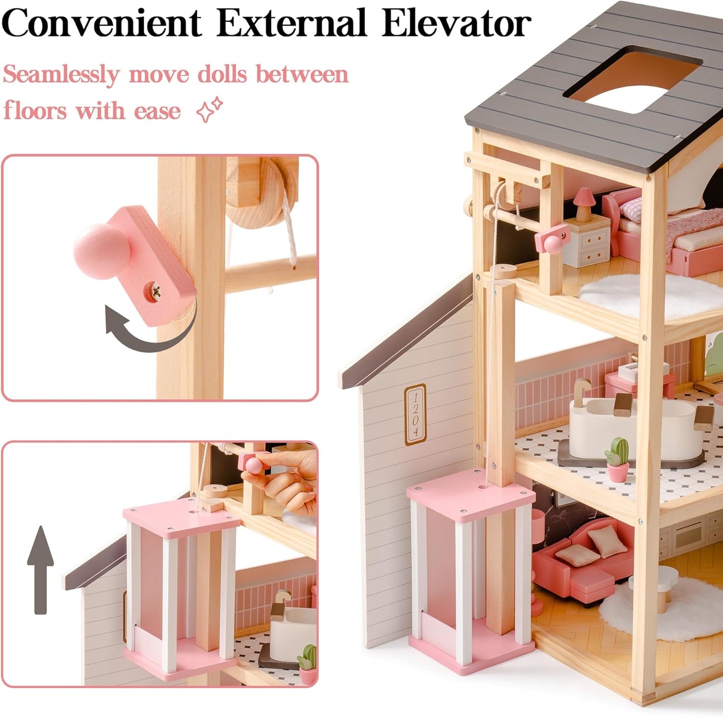 ROBUD Wooden Dollhouse, 6 Rooms Wooden Doll House with 29Pcs Furniture Set, Working Elevator, Garage, Swimming Pool, Ideal Gift for Kids Ages 3+ (Black)