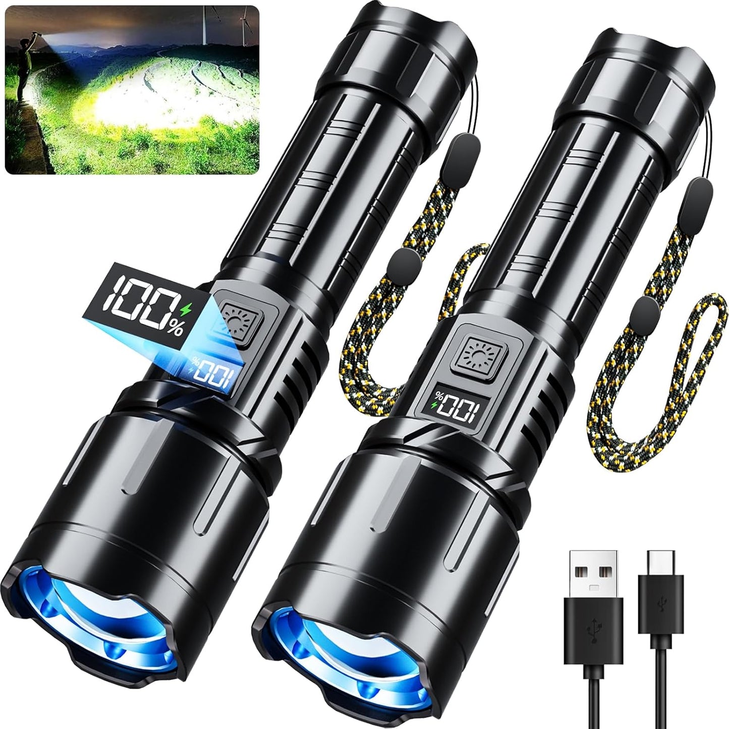 Flashlight Rechargeable 990000 High Lumens, 2 Pack Super Bright Flash Light, 6 Modes Zoomable Lampe with LCD Digital Display, Brightest LED Flashlights, Powerful Tactical Flashlight for Camping