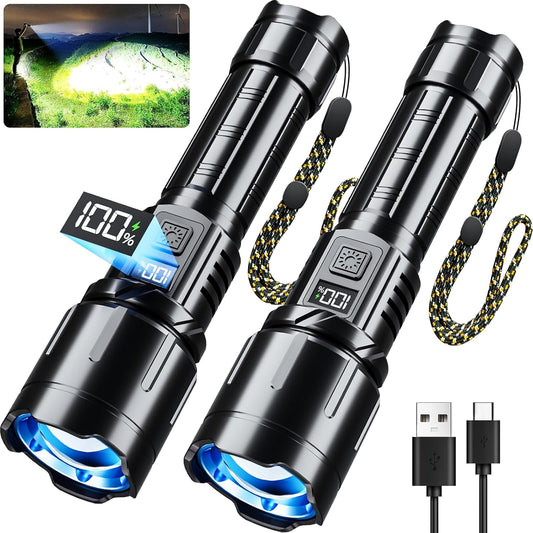 Flashlight Rechargeable 990000 High Lumens, 2 Pack Super Bright Flash Light, 6 Modes Zoomable Lampe with LCD Digital Display, Brightest LED Flashlights, Powerful Tactical Flashlight for Camping
