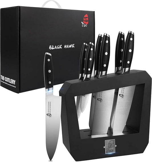 TUO Knife Block Set 7 Piece Kitchen Knife Set with Wooden Block, Chef Knife, Paring Knife Cooking Knife Pakkawood Handle - German HC Steel - Black Hawk Series with Gift Box