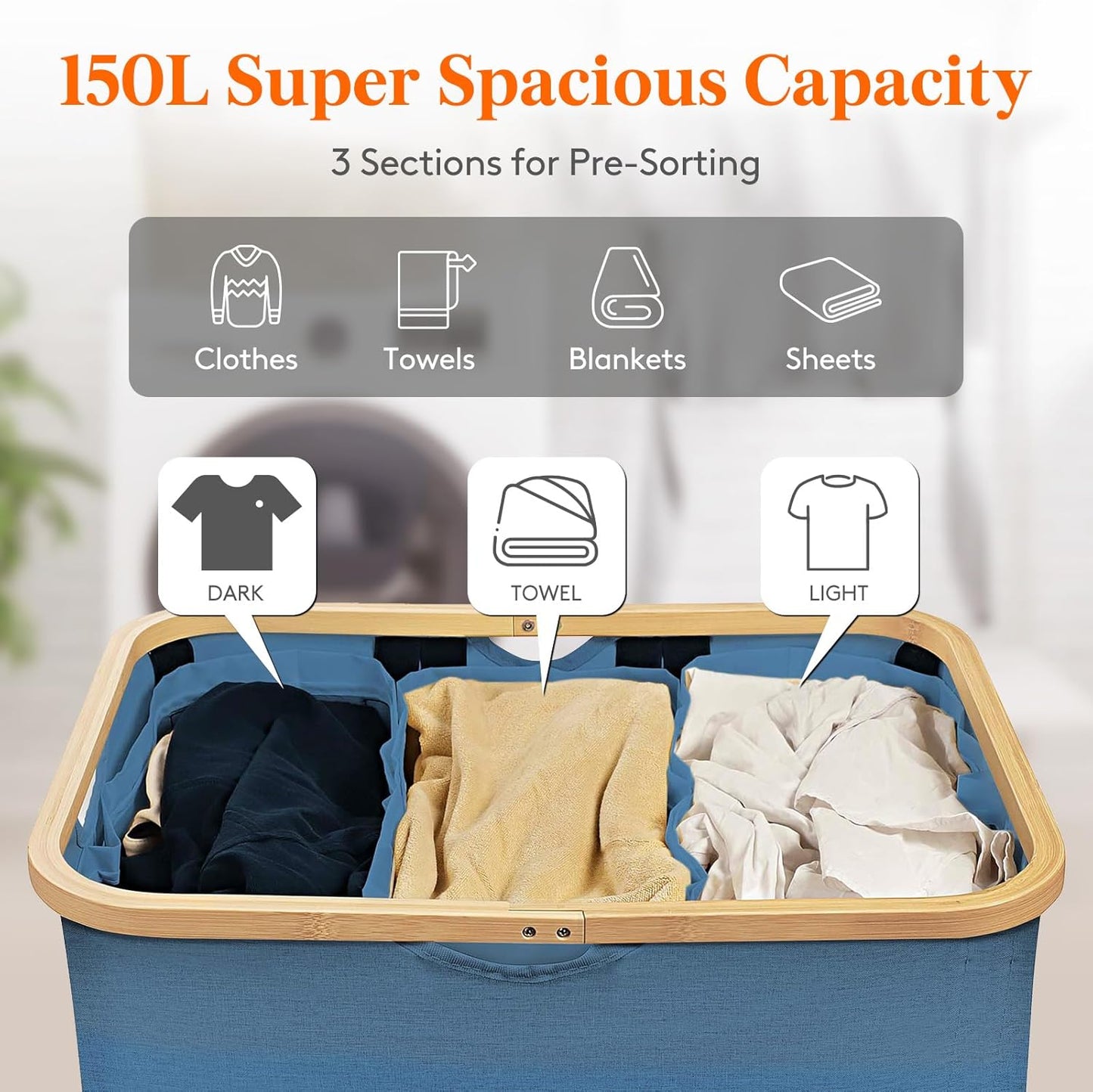 Lifewit 150L Laundry Basket with Lid 3 Section, Large Laundry Hamper with Bamboo Handles and Removable Laundry Bags, Clothes Hampers for Laundry for Bedroom, Bathroom, Dorm, Laundry Room, Dark blue