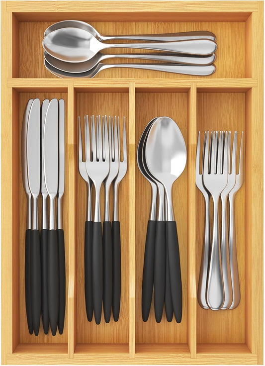 Lifewit Silverware Drawer Organizer Tray, Bamboo Cutlery Storage for Kitchen Drawer, 5 Compartment Flatware and Utensil Holder Divider for Spoons Forks Knives Tableware, Natural
