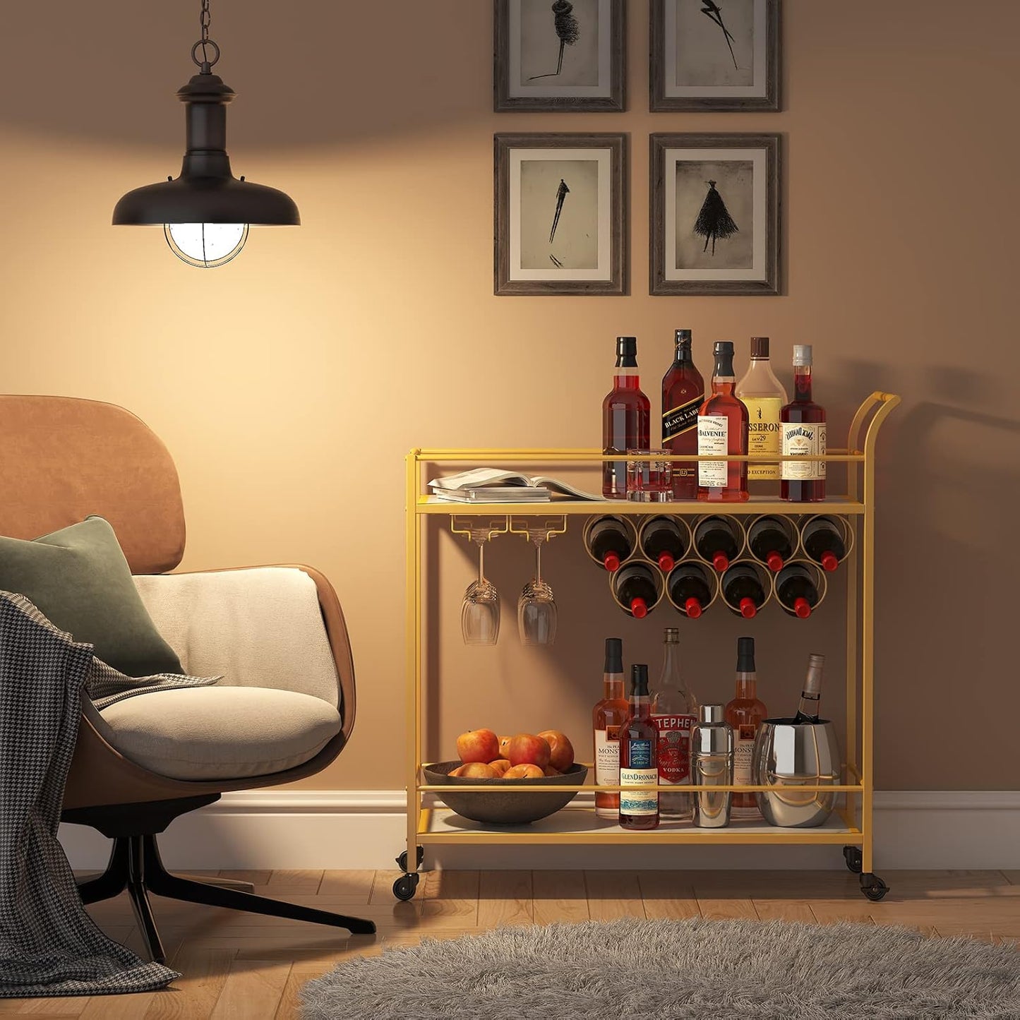 Lifewit Bar Cart Gold, Bar Carts for The Home with 2-Tier Shelf, Home Bar Serving Cart with 9 Wine Bottle Racks, Drink Cart for Kitchen, Dining, Living Room, Gold