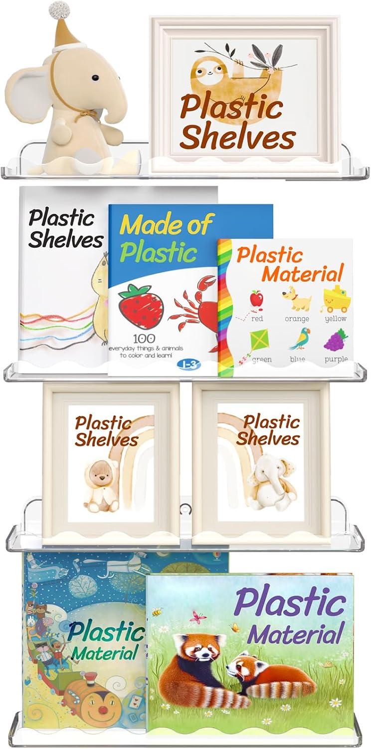 Kids Bookshelf 4 Pack, 15" Floating Shelves for Wall Mounted, Clear Nursery Book Toy Hanging Racks for Baby/Toddler/Children in Bedroom, Living Room Decor