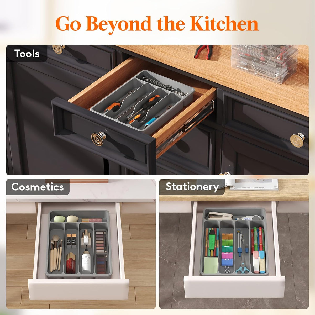 Small Cutlery Organizer for Kitchen, Expandable Cutlery Rack, Silverware Drawer Organizer and Utensil Holder Divider for Spoons Forks Knives Tableware, 5 Compartment, Gray