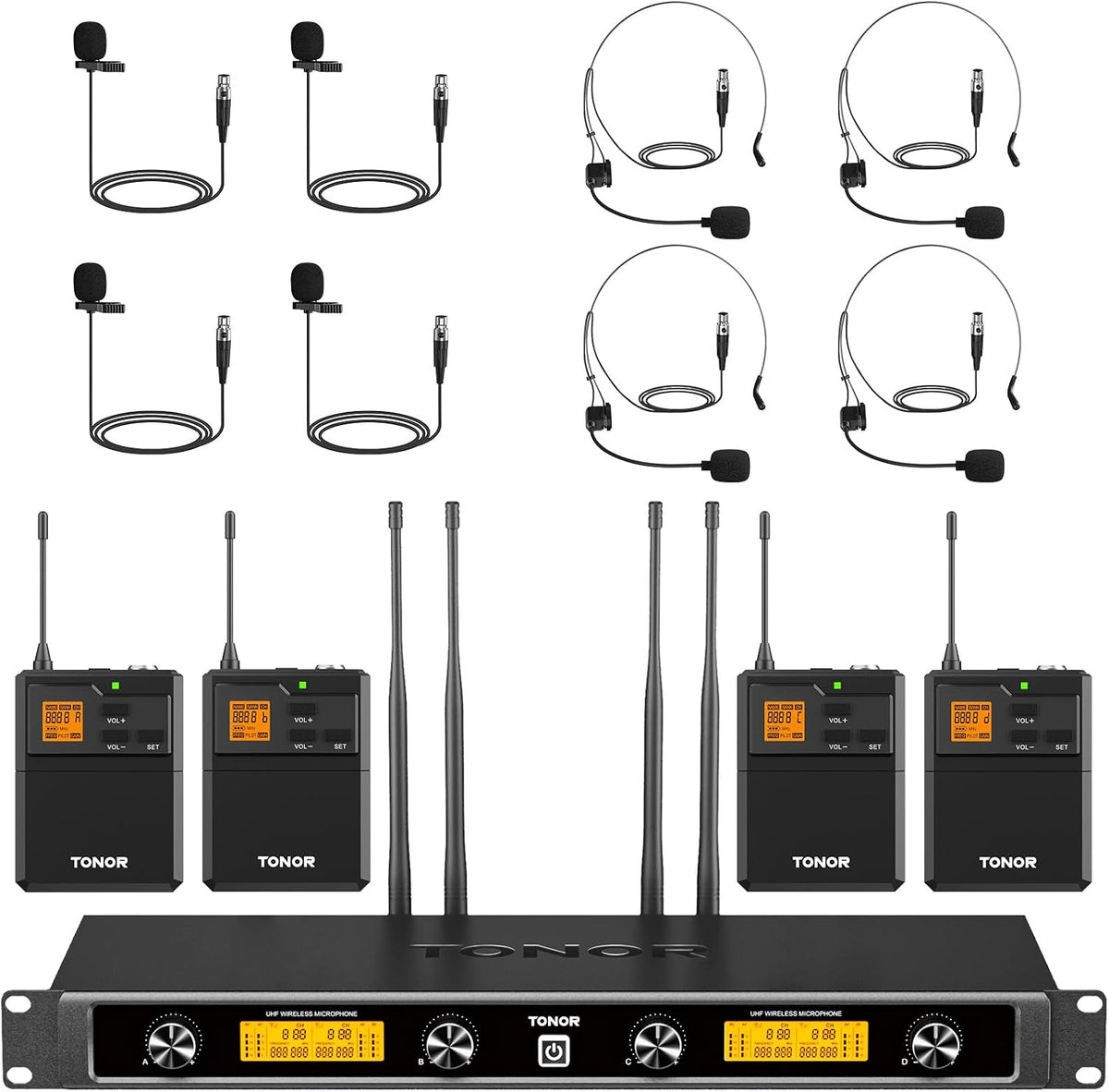 TONOR UHF Wireless Microphones System with Bodypack Transmitter, Headset/Lavalier Lapel Mics, Receiver, 4 * 10 Channels, 295ft Range for Karaoke, Singing, Church, Party, PA Speaker Mixer Recording