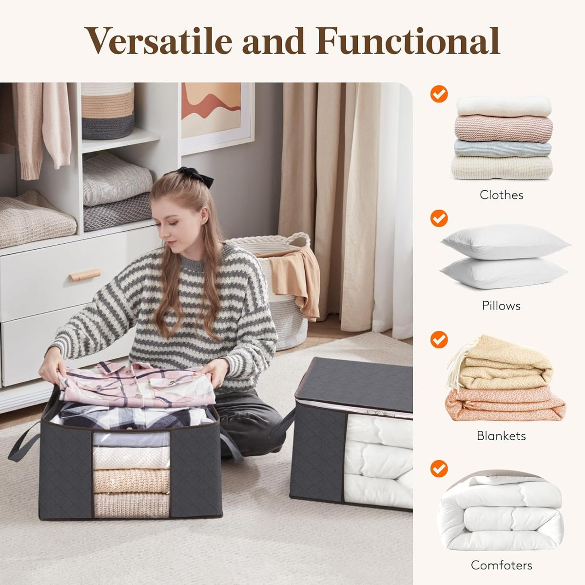 Clothes Storage Bag, Fabric Closet Organizers, Foldable Moving Bags with Reinforced Handle, Sturdy Zipper, Clear Window, for Clothing, Blankets, Grey, 3 Pack