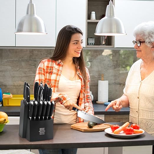 TUO Knife Block Set 17 PCS Kitchen Knife Set with Wooden Block, Honing Steel and Shears German X50CrMoV15 Steel with Full Tang Pakkawood Handle FALCON SERIES with Gift Box, Black