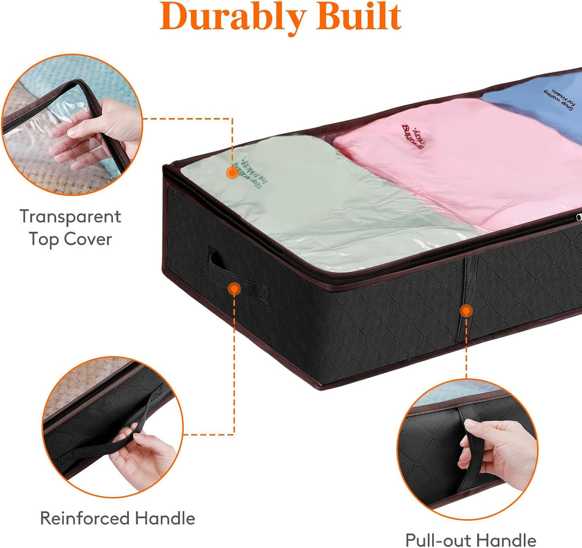 6 Pack Large Under Bed Storage, Underbed Storage Bags with 4 Handles, Foldable Underbed Storage Containers for Comforters, Blankets, Bedding, Sturdy Zipper, Clear Window, Black