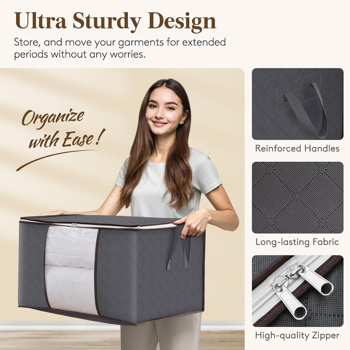 6 Pack, 90L Large Capacity Clothes Storage Bags Organizer with Reinforced Handle, Foldable Clothing Storage for Comforters, Blankets, Bedding, with Sturdy Zipper, Clear Window