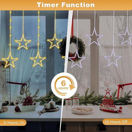Christmas Window Lights with 8 Big Stars, Christmas Curtain Lights Battery Operated, Hanging Stars Lights with Timer 8 Modes, Indoor or Outdoor Light Christmas Decorations, Warm White