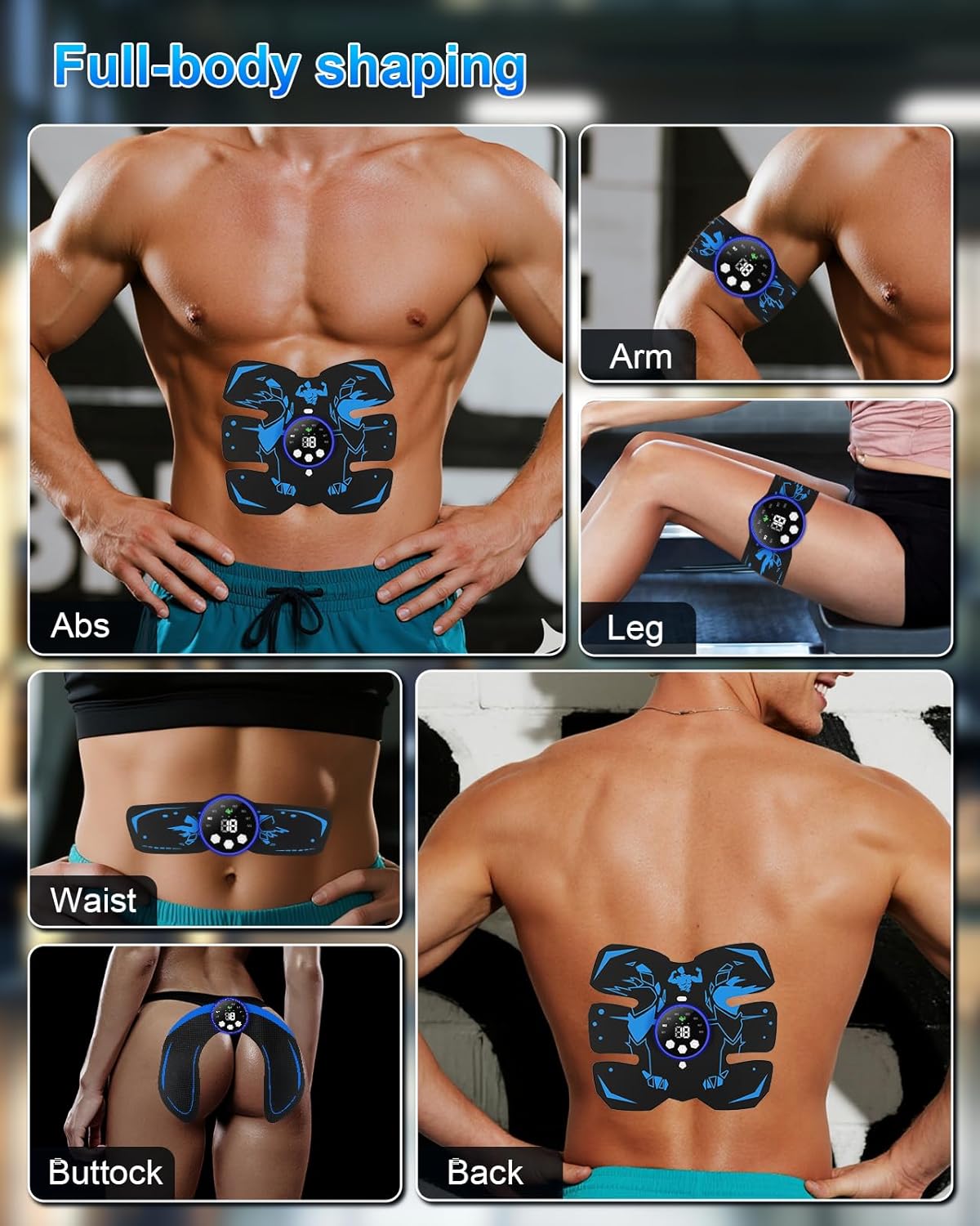 Click to see full view EMS Muscle Stimulator, ABS Trainer, Abdominal Muscle Toner Electronic Workout Home Fitness Device with 8 Modes,29 Intensities,4 Machines,4 Patches,12 Gel,For Abdominal/Arm/Leg/Hip Training