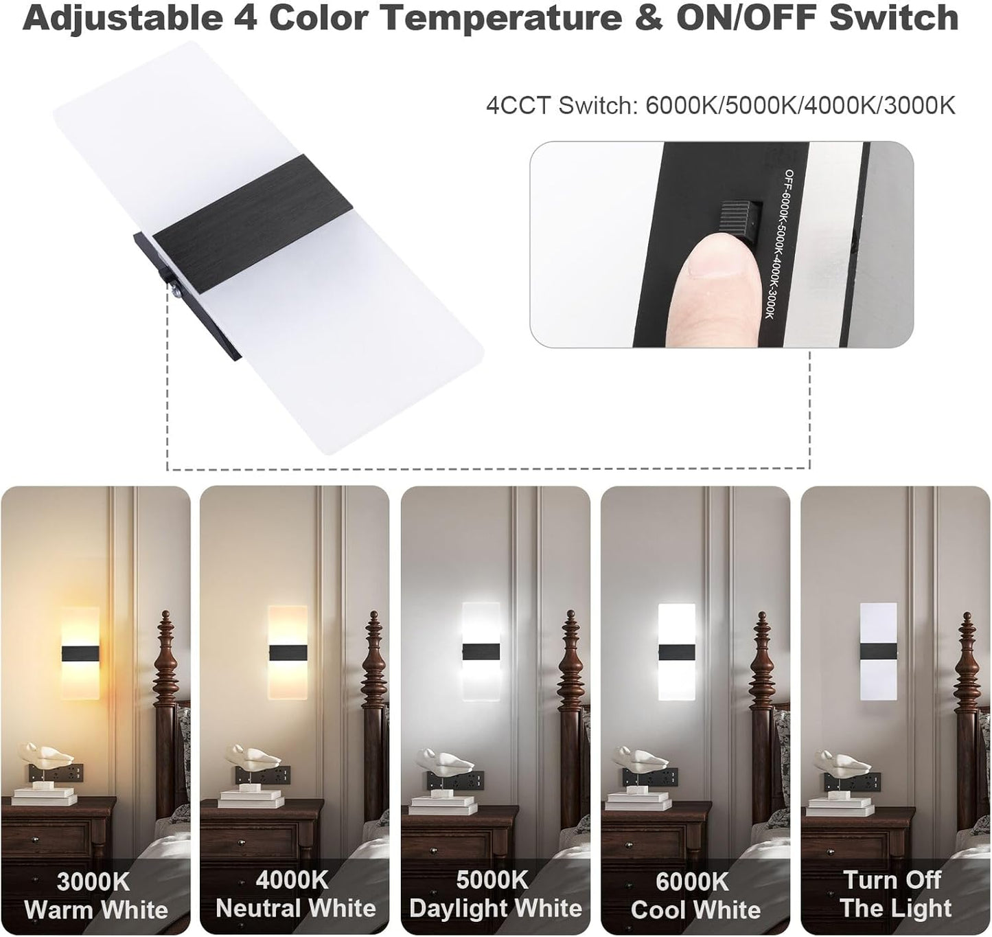 TRLIFE Dimmable LED Wall Sconces, 4 Color Temperature Modern Wall Sconce 12W Dimmable Wall Lights Set of 2 Wall Mounted Light for Bedroom Bedside Hallway Living Room Stairway(2 Pack, Black)