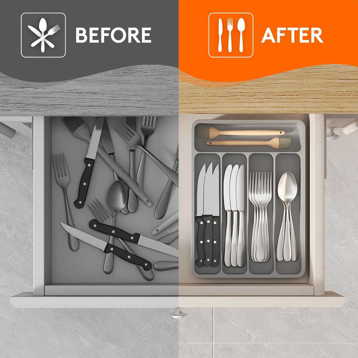 Small Cutlery Organizer for Kitchen, Expandable Cutlery Rack, Silverware Drawer Organizer and Utensil Holder Divider for Spoons Forks Knives Tableware, 5 Compartment, Gray